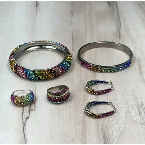 JSM 6pc Lot Silverplate Rainbow Crystal JEWELRY Size 7 Rings Earrings Bracelets